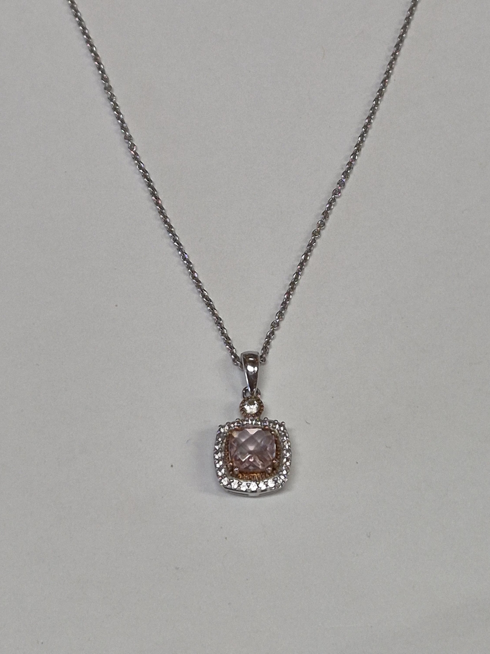 925 Silver 18" Necklace with Blush Pink Cushion Pendant